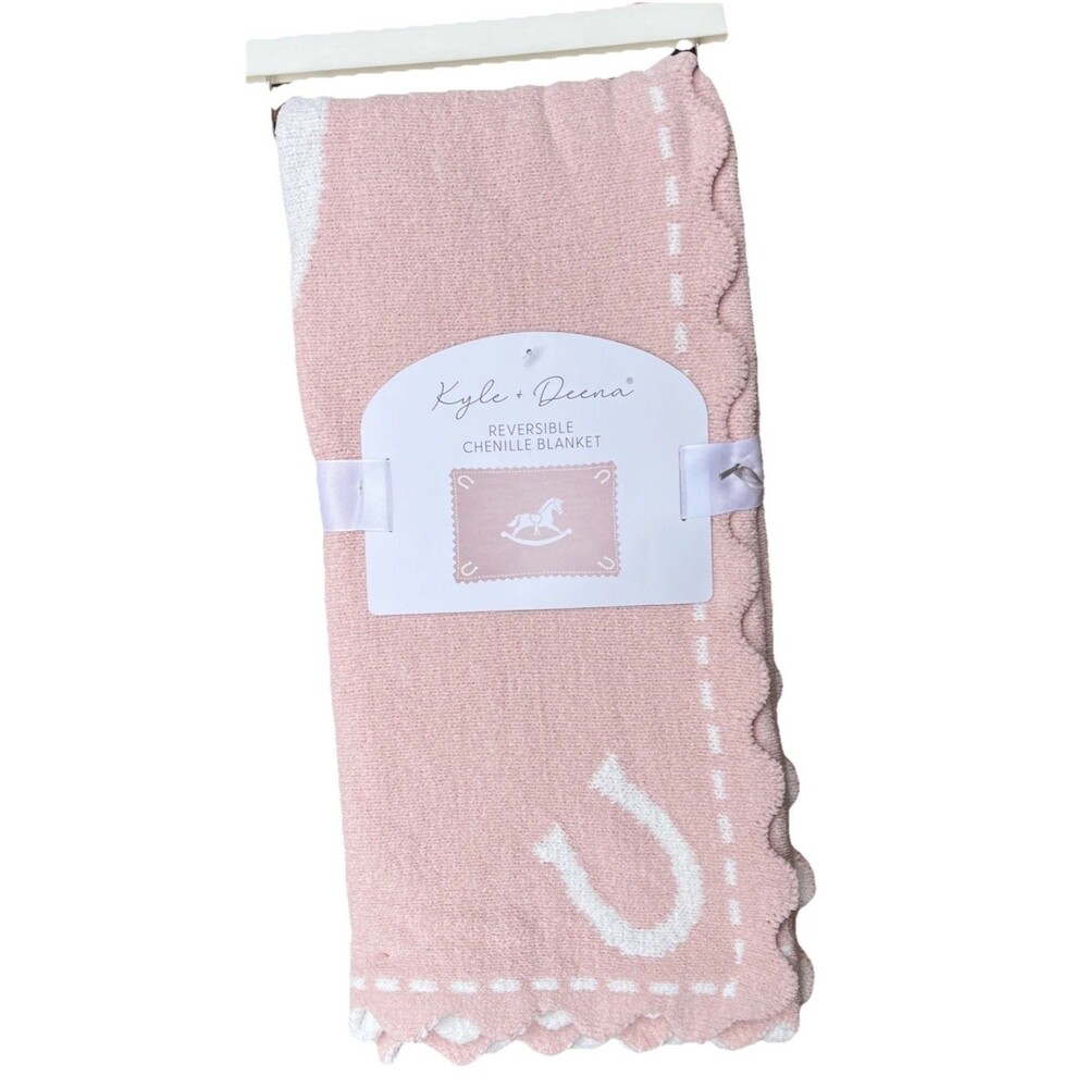 Kyle & Deena Pink Rocking Horse Scalloped Edge Chenille Baby Blanket Reversible